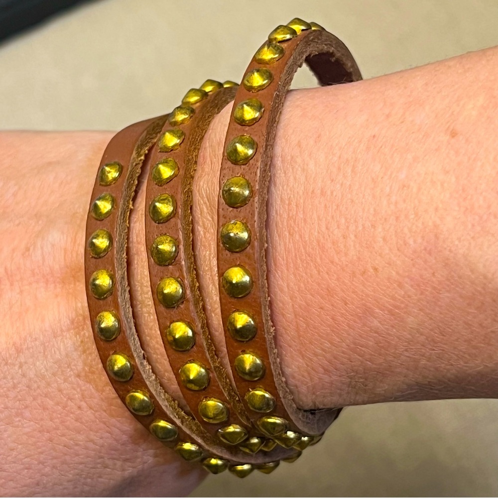 Leather and brass studded wrap bracelet with buckle